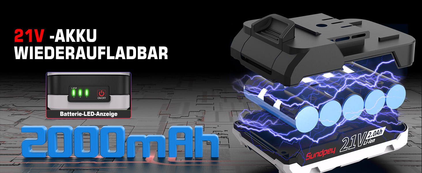 Акумуляторний шуруповерт Sundpey Set: 2 акумулятори 2.0Ah, 21V, 1500 об/хв, 45Nm, 18+1 режим, LED, 10мм патрон - для ремонту та DIY