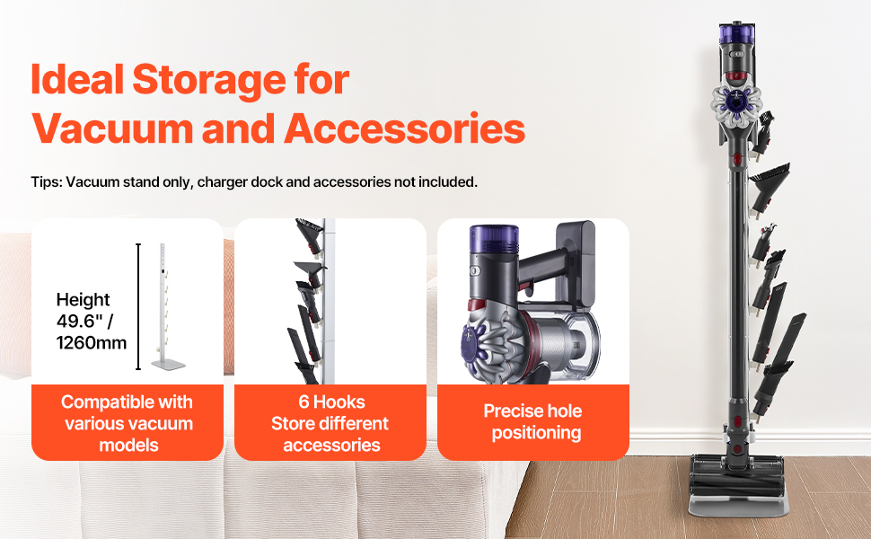 Стійка для пилососа VEVOR 126 см, сумісна з Dyson G5, V15, V12, V11, V10, V8, V7, V6 серії, з аксесуарами, підлогова стійка, кріплення з 6 гачками та антиковзними накладками, сріблястий колір