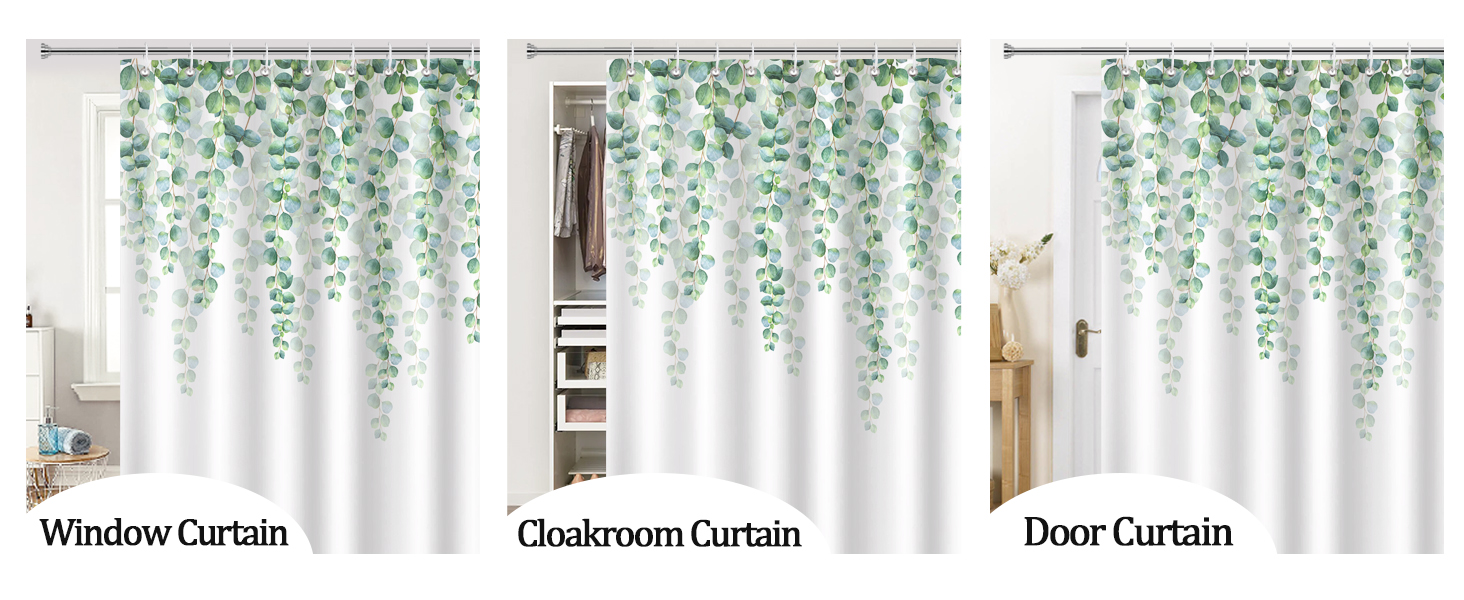 Шторка для душу Bonhause з евкаліптом, зелені листки, 180x180 см, поліестер, антигрибок, водонепроникна, з 12 гачками