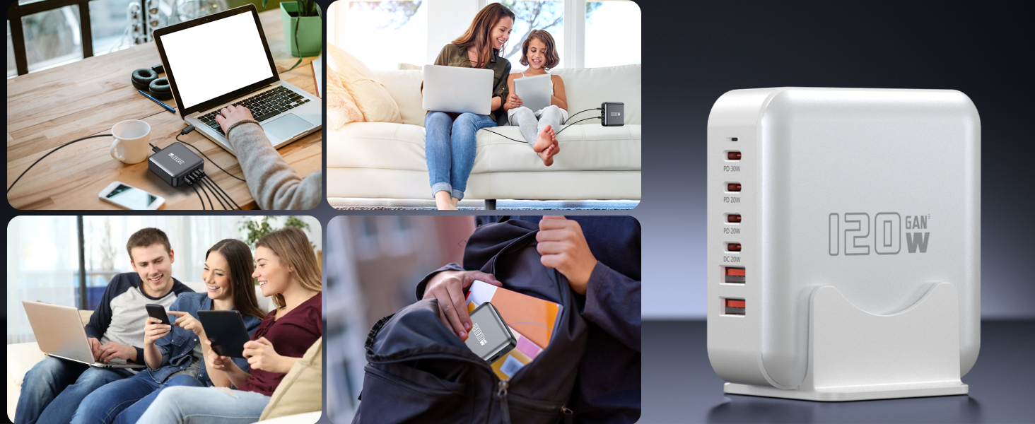 Швидкий зарядний пристрій USB-C GaN Hub 120W, 6 портів для iPad, iPhone 17/16/15/14/13/12 Pro Max, Samsung Galaxy S23 - Білий