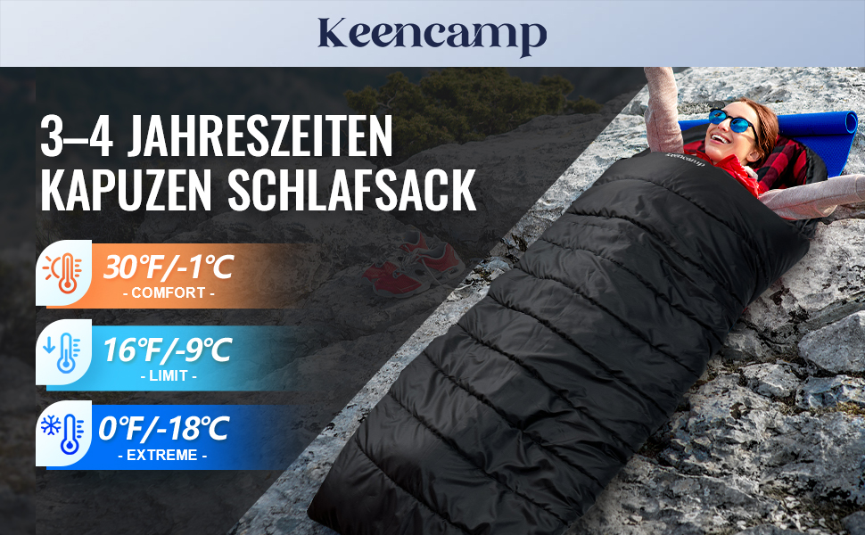 Сплячий мішок Keencamp Flanell Outdoor: теплий, бавовняний, для 3-4 сезонів, до -1°C, XXL, 230x90 см, чорний, для дорослих