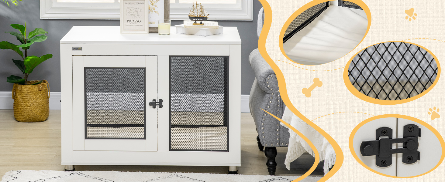 Клітка для собак PawHut з 2 дверцятами, знімний лежак, сучасна сталева собача будка для дому, підходить для великих собак до 30 кг, білий, 94x60x71,5 см