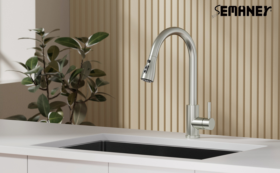 Чорний кухонний змішувач SEMANEY з витяжною лійкою, 3 функції, поворотний на 360°, з нержавіючої сталі (щіткова обробка)
