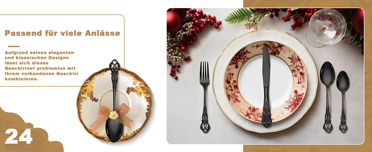 Набір столових приборів Retro на 6 осіб, 24 предмети, нержавіюча сталь, чорний, антикварний бароковий стиль