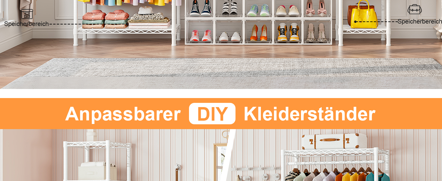 Розширюваний вішак для одягу, металевий гардеробний стійка з регульованими полицями (білий)