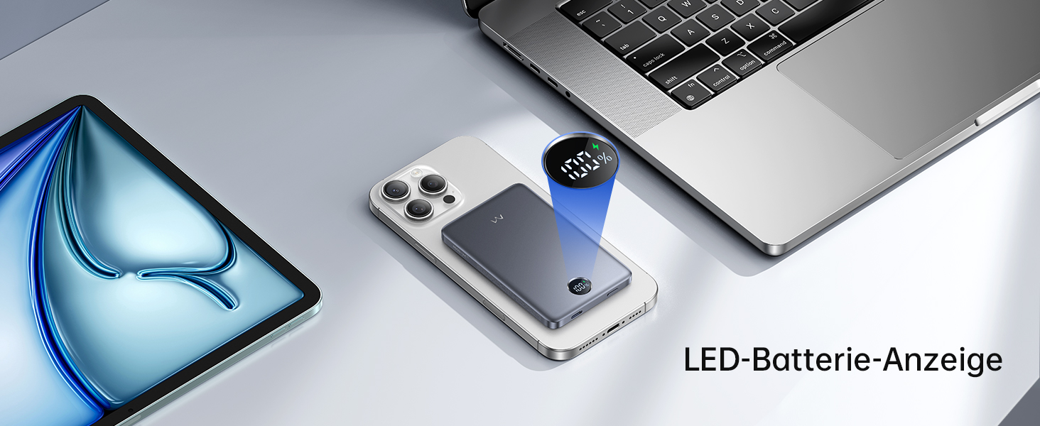 iWALK Powerbank MagSafe 5000mAh з LED-дисплеєм (Сірий) - Бездротова зарядка для iPhone 17/16/15/14/13/12