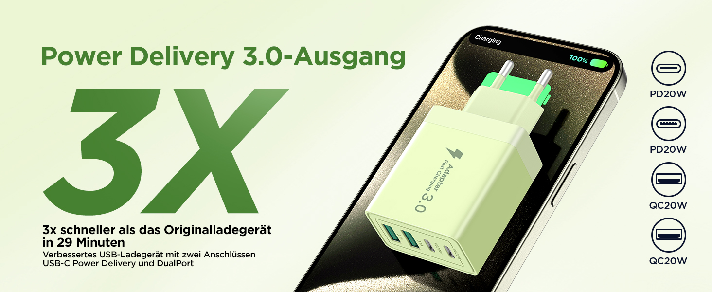 Мережевий адаптер Aioneus USB-C з 4 портами, 40W, PD 3.0, білий (1 шт., світло-зелений)