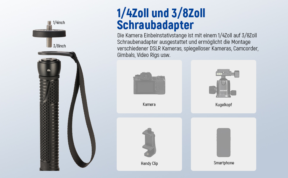 NEEWER Монопод 155 см для камери: легкий, портативний, з адаптерами 1/4' та 3/8' для DSLR та відеокамер, витримує до 8 кг