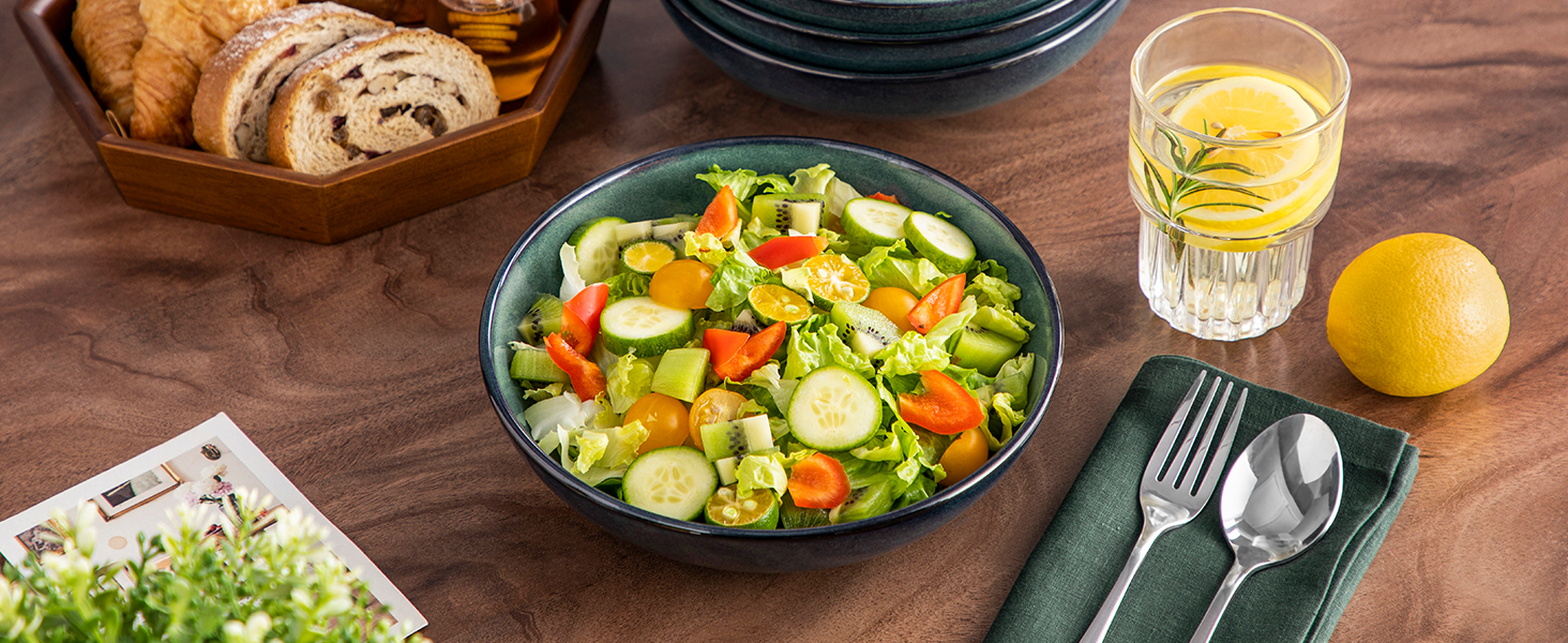 Набір тарілок для супу Vancasso Bonbon (6 шт.), супові миски з кераміки, 21,7 x 5,5 см, великі глибокі тарілки для пасти, локшини, рамен, салату, придатні для миття в посудомийній машині та використання в мікрохвильовій печі (зелені)