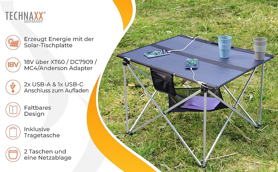 Сонячний кемпінговий стіл Technaxx TX-252 60W з USB зарядкою та сонячною панеллю