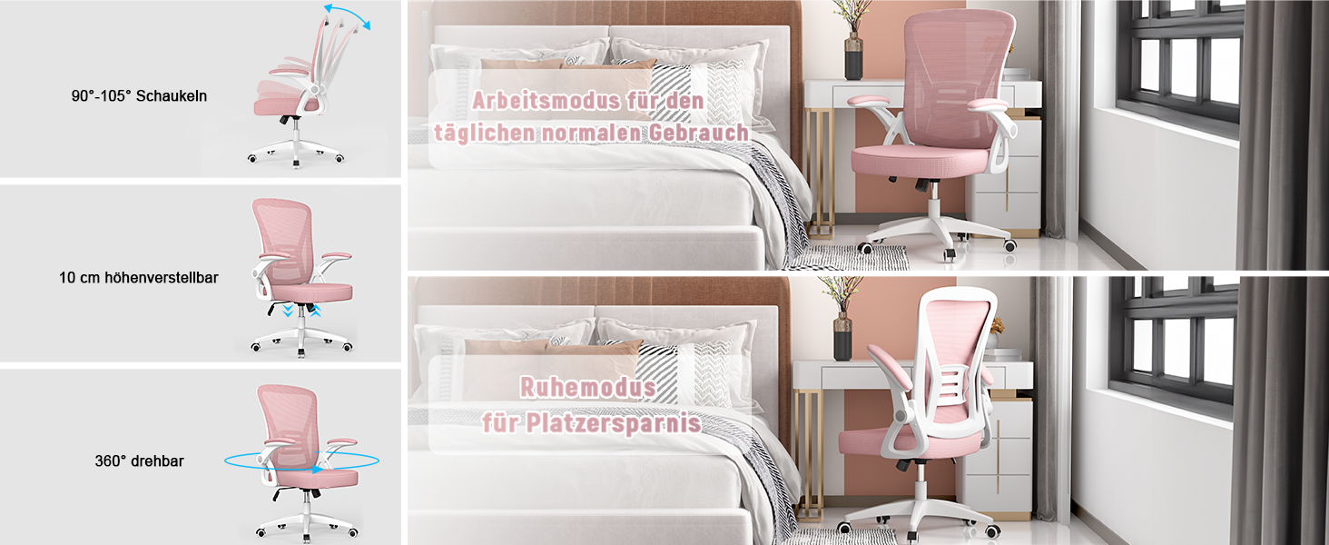 Офісний стілець Rattantree з підтримкою попереку, регульованими підлокітниками, регулюванням висоти, поворотний, рожевий, без підголівника