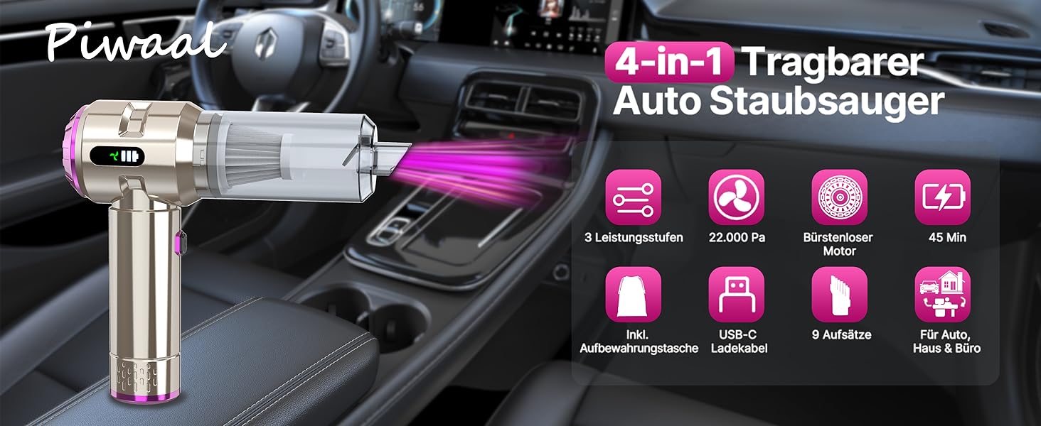 Piwaal Акумуляторний ручний пилосос 4-в-1 22000Pa для авто, дому, офісу, тварин, комп'ютера. Безщітковий мотор, функція продування, сріблястий