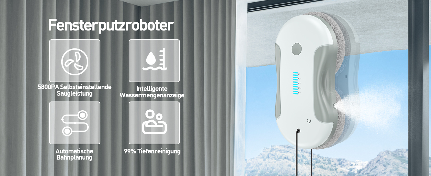 Робот для миття вікон Dual Spray, автоматичний, 5800Pa, з резервуаром 80 мл, для внутрішніх та зовнішніх вікон, сіро-білий