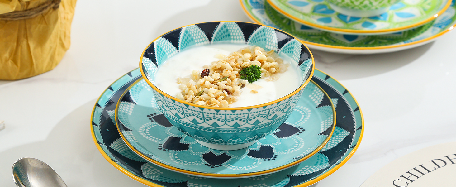 Набір посуду на 4 особи: 12-ти частинний сервіз з порцеляни, керамічний набір посуду, кольоровий дизайн, повний сервіз