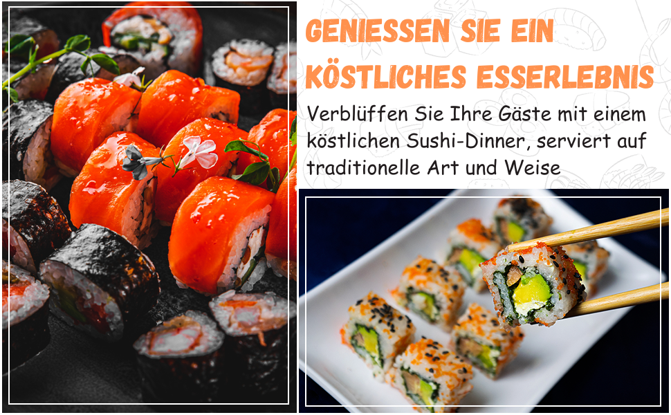 Набір для приготування суші 11 предметів: бамбуковий набір для суші з килимком для ролу, сервірувальним набором для початківців. 2 килимки, 5 пар паличок для їжі з сумкою, ложка для рису, роздільник, сервірувальний піднос, трійний соусник та електронна книга.