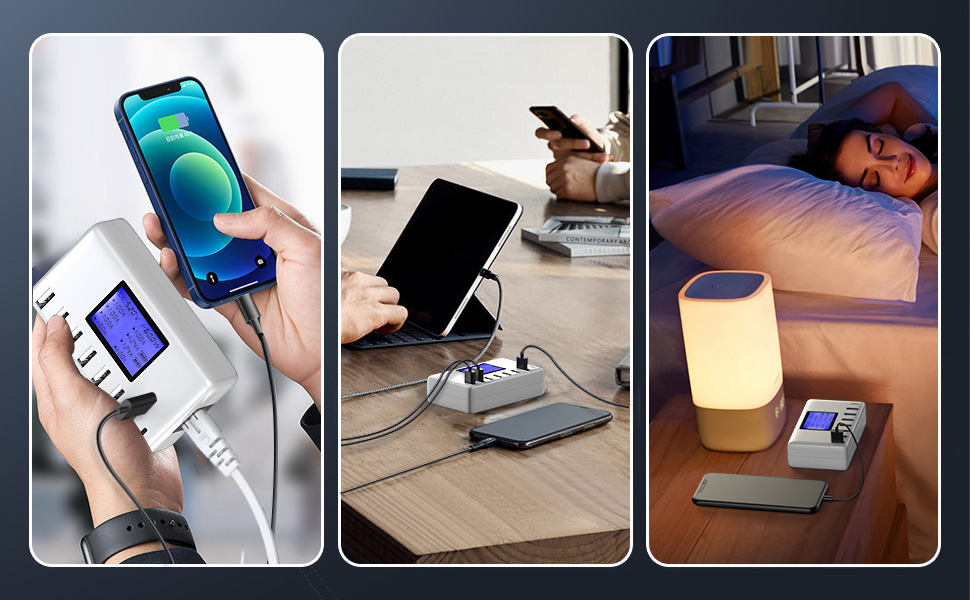 Зарядний пристрій USB 60W, 8 портів, USB-C з LCD дисплеєм для iPhone, iPad, Android, Samsung, Huawei, планшетів, Kindle (білий)