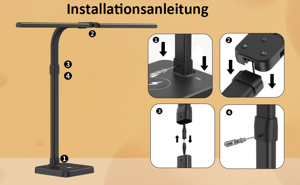 Tantu Adjustable LED Desk Lamp with Dual Heads - 24W, 80cm, 5 Color & 5 Brightness Levels, Gooseneck & Base - Black Office Lamp