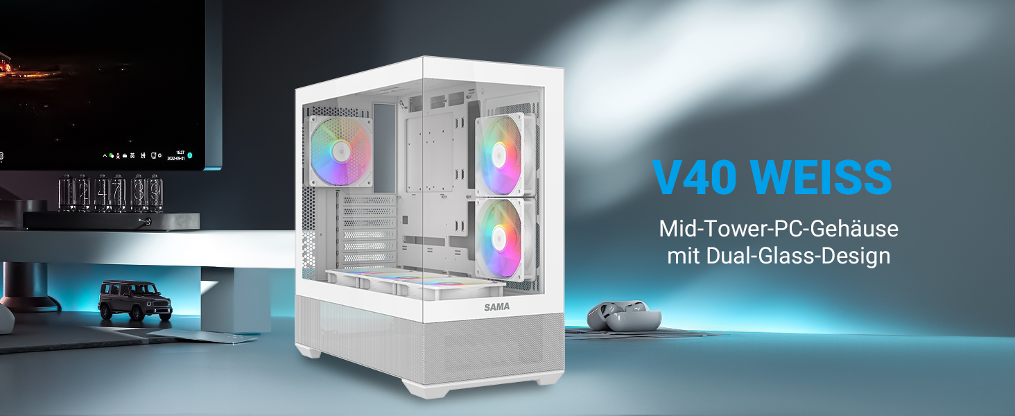 Корпус ПК SAMA V40 Mid-Tower ATX з 6 вентиляторами 120 мм ARGB PWM, подвійні панелі з загартованого скла, Dual Chamber, USB 3.1 Type-C, підтримка ATX/mATX/ITX GPU, білий колір