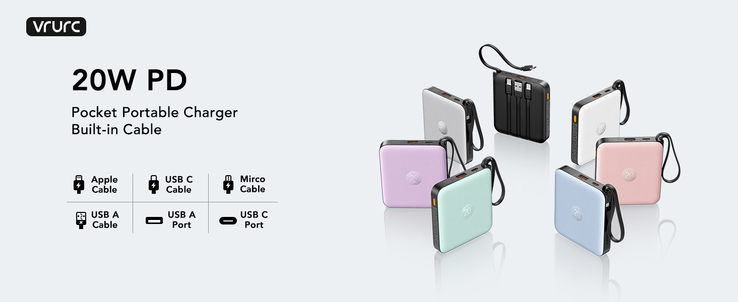 Power Bank VRURC 10000mAh з кабелем: компактний акумулятор USB-C, швидка зарядка 22.5W, LED-дисплей, сумісний з iPhone, Huawei