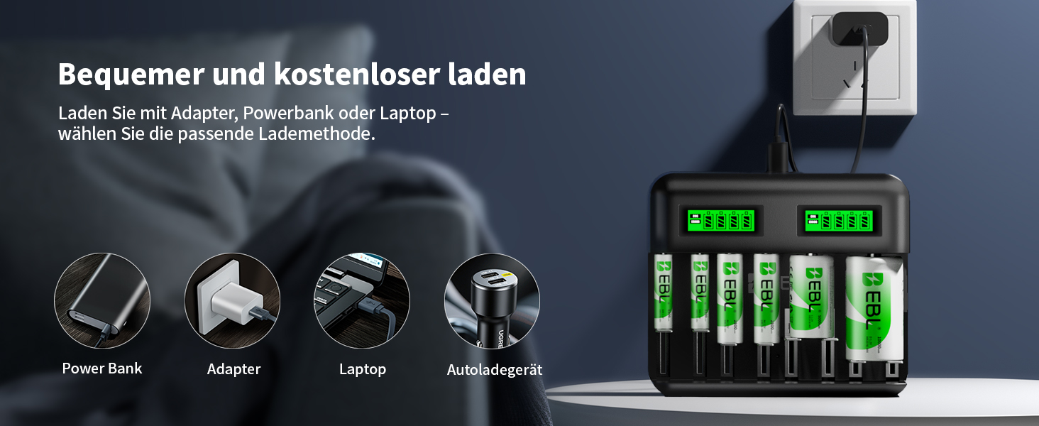 Зарядний пристрій EBL для акумуляторів AA/AAA Ni-MH з USB-C, 2800mAh (4xAA) + 1100mAh (4xAAA), LCD дисплей
