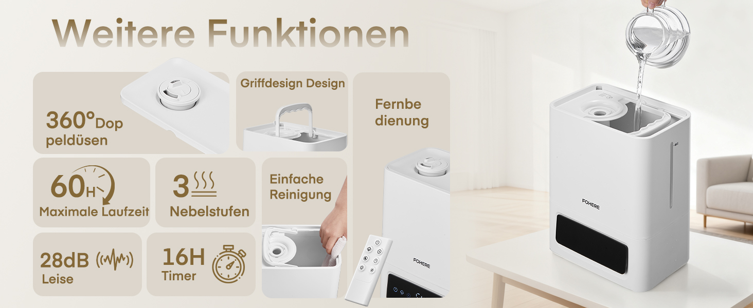 Зволожувач повітря FOHERE 6L для великих приміщень, 60 годин холодного туману, тихий зволожувач для дитячої кімнати, спальні, рослин, 28dB, точний датчик вологості, 16 годин таймер, аромадифузор, білий