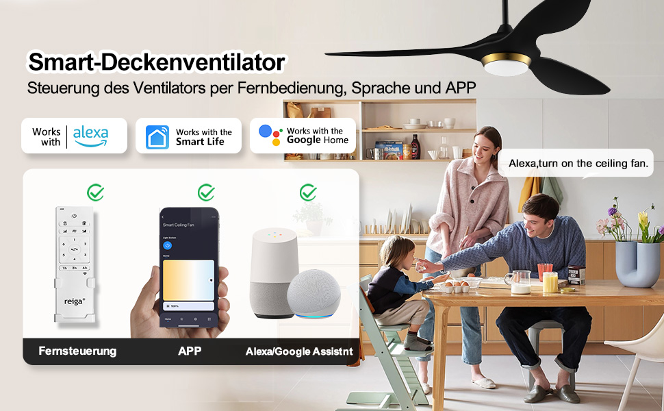 Стеляний вентилятор Reiga з підсвічуванням та пультом керування, 132 см, тихий реверсивний двигун, 6 швидкостей, таймер, регулювання яскравості та 3 колірні температури, коричневі лопаті (чорно-золотий колір)