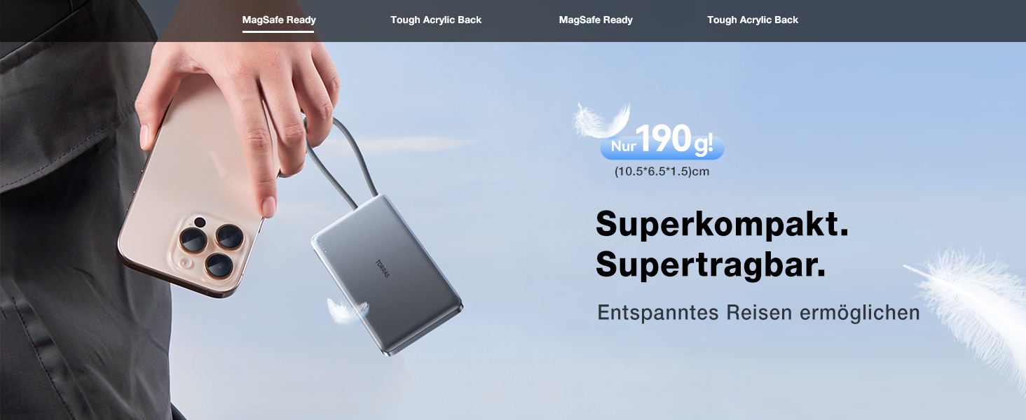 Портативний зарядний пристрій TORRAS 10000mAh з кабелем USB-C, 22.5W PD3.0, білий. Сумісний з iPhone, Samsung, AirPods.