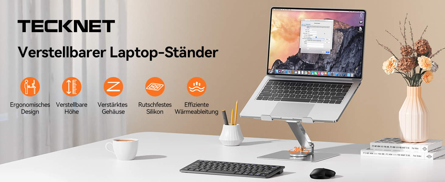 Підставка для ноутбука TECKNET, регульована висота, 360° обертання, складна, для MacBook Air/Pro, до 17