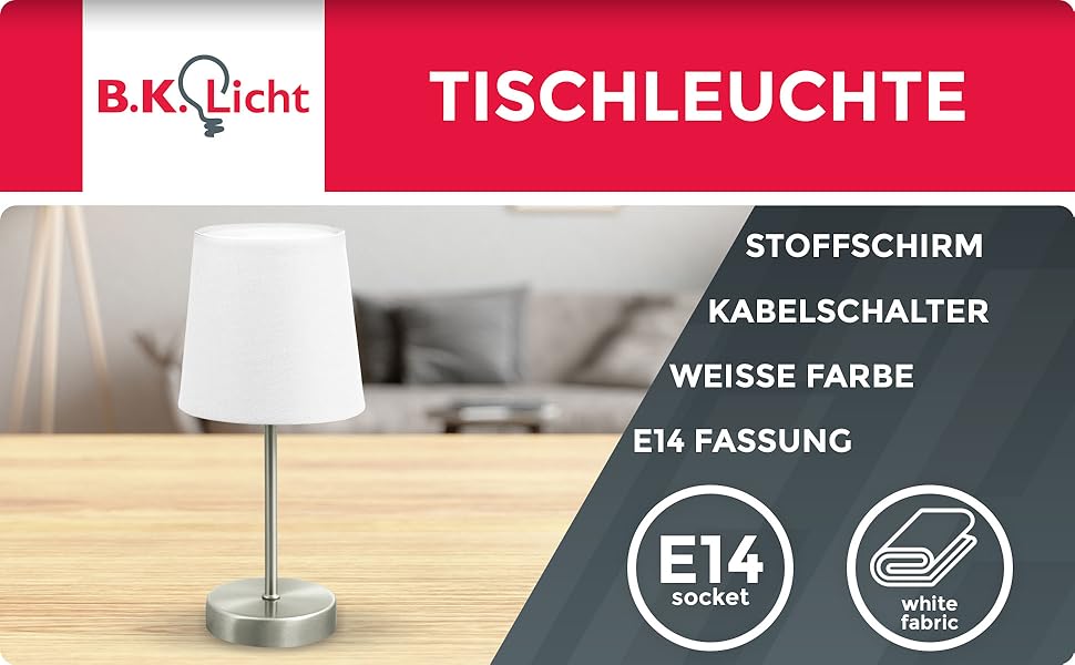 Вінтажна настільна лампа B.K.Licht з абажуром з тканини, з вимикачем на шнурі, 33x20 см, білий колір