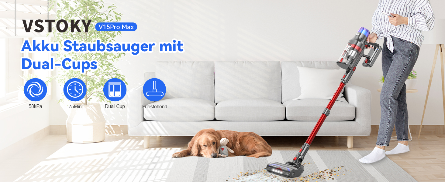 Бездротовий пилосос VSTOKY V15 ProMax: потужний акумуляторний пилосос для дому, килимів та твердих поверхонь, 600W, 58kPa, 75 хвилин роботи, подвійний контейнер для сміття, автоматичний режим, видалення шерсті тварин