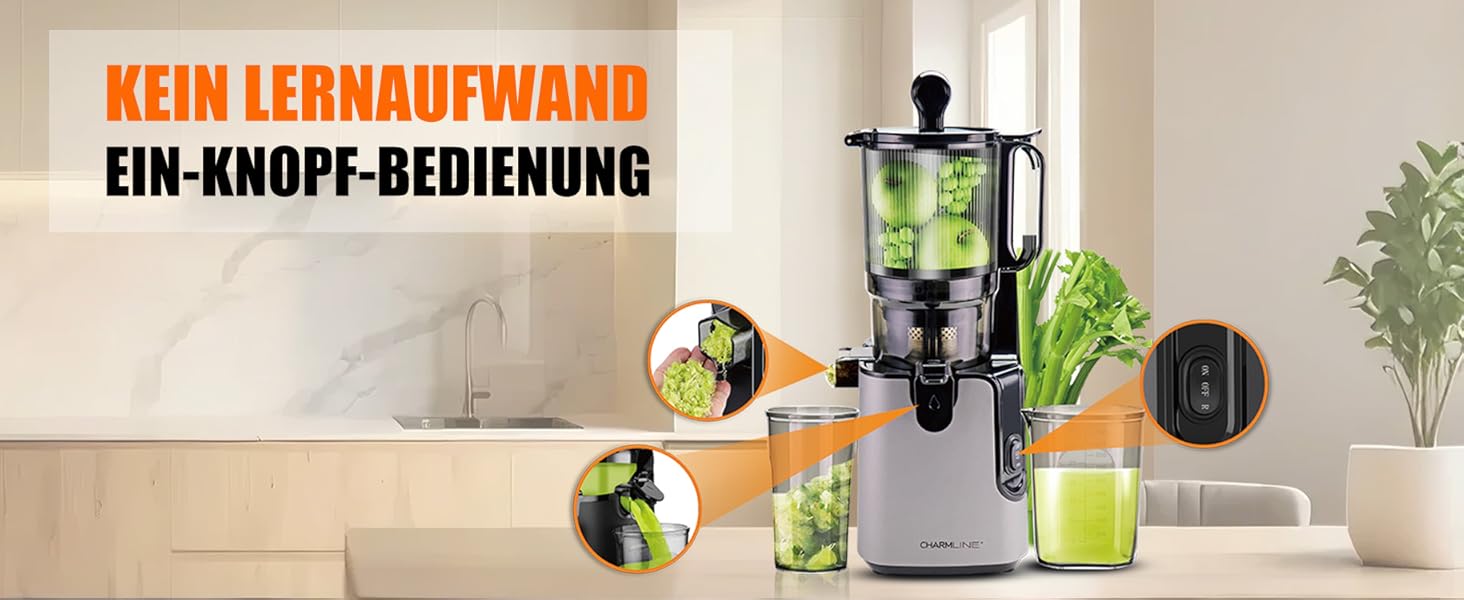 Charmline повільно-видавлюючий соковичавник (slow juicer), 130 мм завантажувальний отвір, 1.8 л контейнер для соку, BPA-free, сертифікат GS, легке очищення, переможець тестування для здорових соків