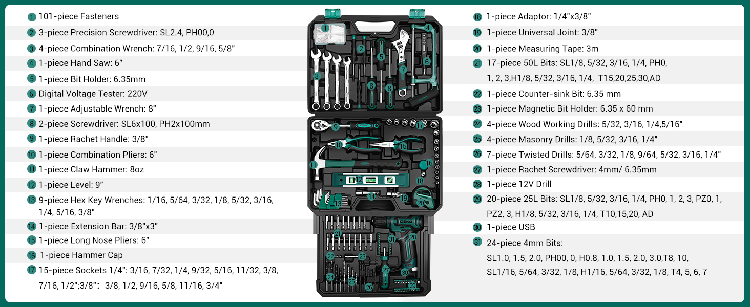 Набір акумуляторної дрилі DEKO 12V: 238 штук інструментів у кейсі. Акумуляторний дриль-шуруповерт для дому, жінок та базового ремонту. Зелений.