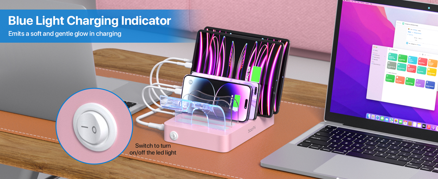 Зарядна станція SooPii USB з органайзером на 6 портів 50W + 6 кабелів + тримач для iWatch, біла (Рожева)