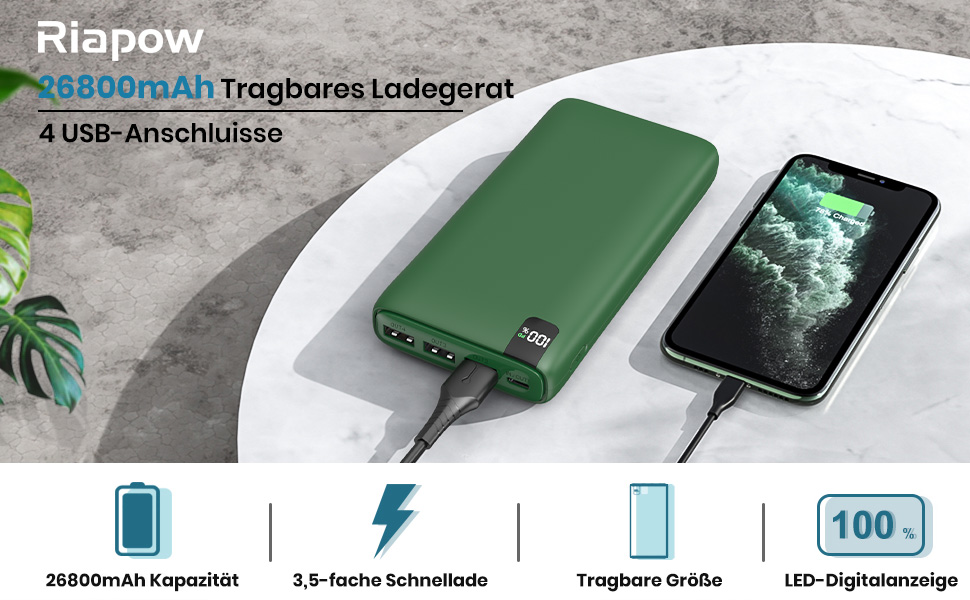 Power Bank Riapow 26800mAh: Швидка зарядка USB-C, 4 порти, LED-дисплей, для смартфонів та планшетів (зелений)