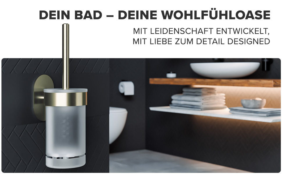 Набір для чищення унітазу Ovimar Finnkona: щітка, кріплення на стіну без свердління, силіконова щітка, вентиляція, нержавіюча сталь з порошковим покриттям, змінний насадок (золотий, клейкий)