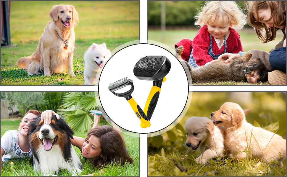 Бурштина для догляду за тваринами 2-в-1: щітка та гребінь для собак та котів, самоочисна, жовта