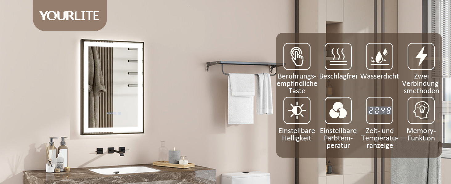 Дзеркало YOURLITE з підсвічуванням 70x50 см, LED дзеркало для ванної кімнати з годинником, сенсорне керування, 3 кольори світла, регулювання яскравості, антизапар, пам'ять, срібний (чорний-5070)