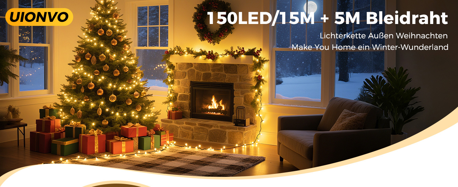 Гірлянда світлодіодна для прикраси ялинки та інтер'єру, 25м, 250 LED, тепле біле світло, 8 режимів, пульт, таймер, IP44, для дому та саду