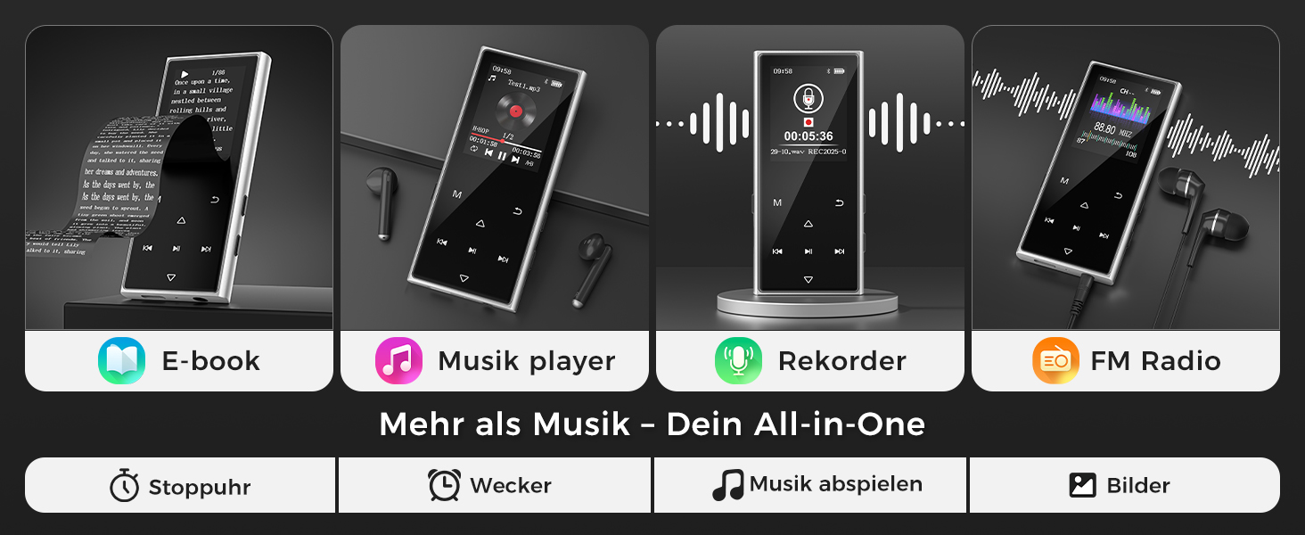 MP3 плеєр з Bluetooth 5.3 та карткою пам'яті 128ГБ, Hi-Fi плеєр з динаміком та навушниками, металевий корпус, акумулятор на 36 годин, для дітей, школи та подорожей