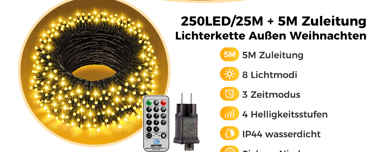 LED гірлянда для прикраси на різдво - 5м, 150 LED, тепле біле світло, таймер, пульт, 8 режимів, для дому та вулиці