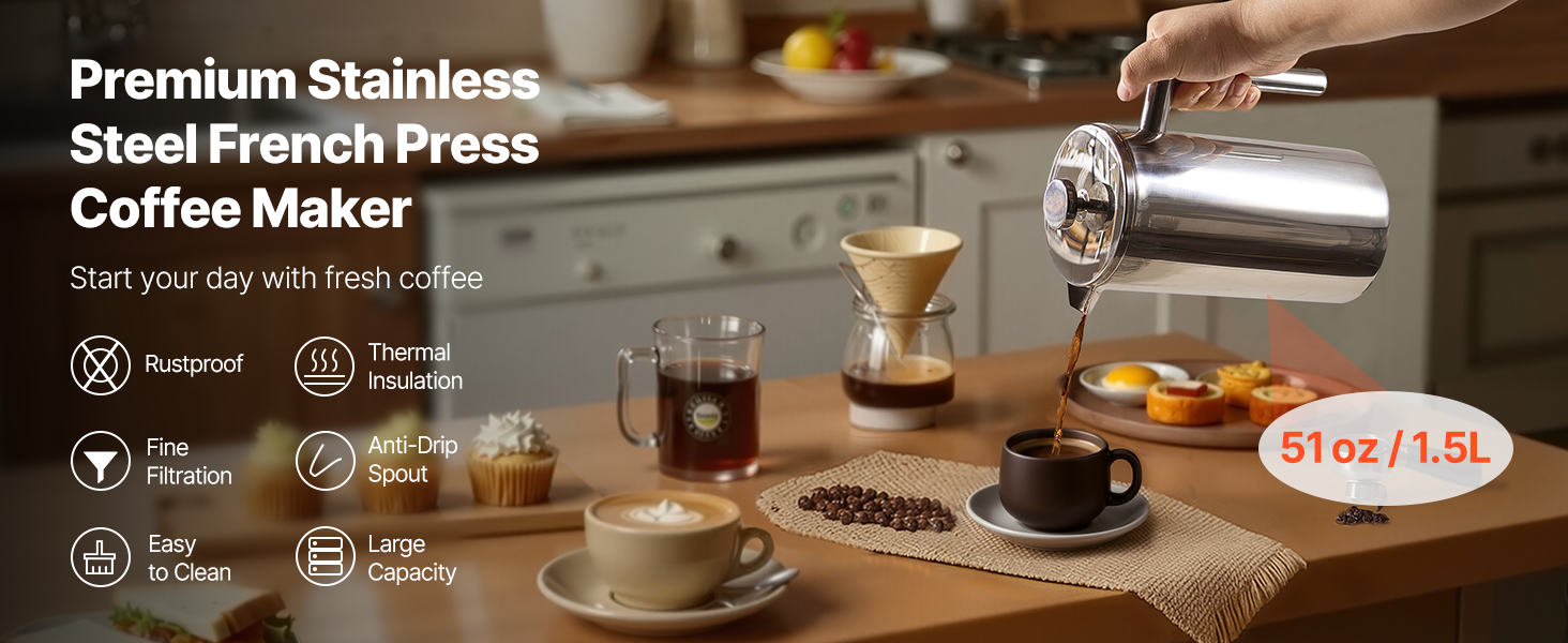 Френч-прес VEVOR 1,5 л з нержавіючої сталі - кавова преса, чайник з фільтром, для кемпінгу, подорожей, кухні, срібний