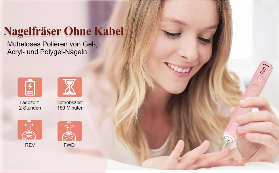 Набір електричного нейл-дриля AOMEES, портативний бездротовий апарат для манікюру з 56 шліфувальними насадками (рожевий)