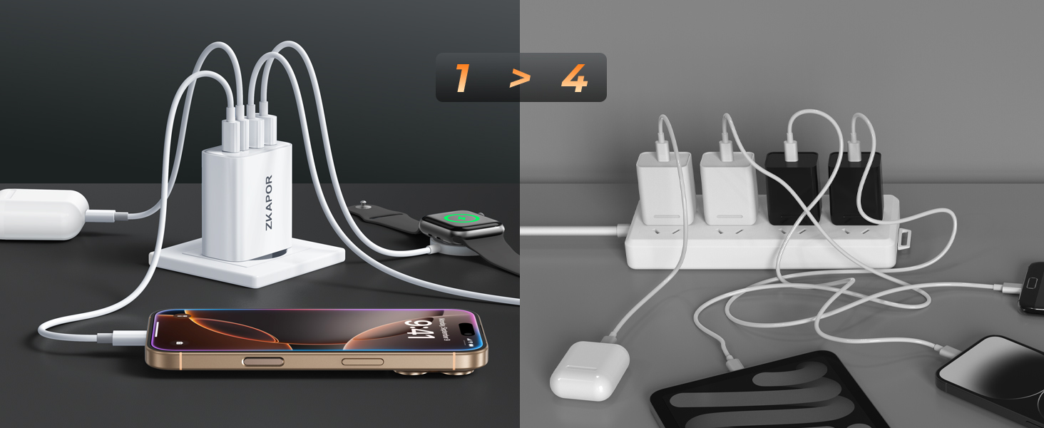 Мережевий адаптер ZKAPOR 40W з 4 USB-портами: швидка зарядка PD+QC для iPhone 16/15/14, Samsung Galaxy, Huawei, iPad