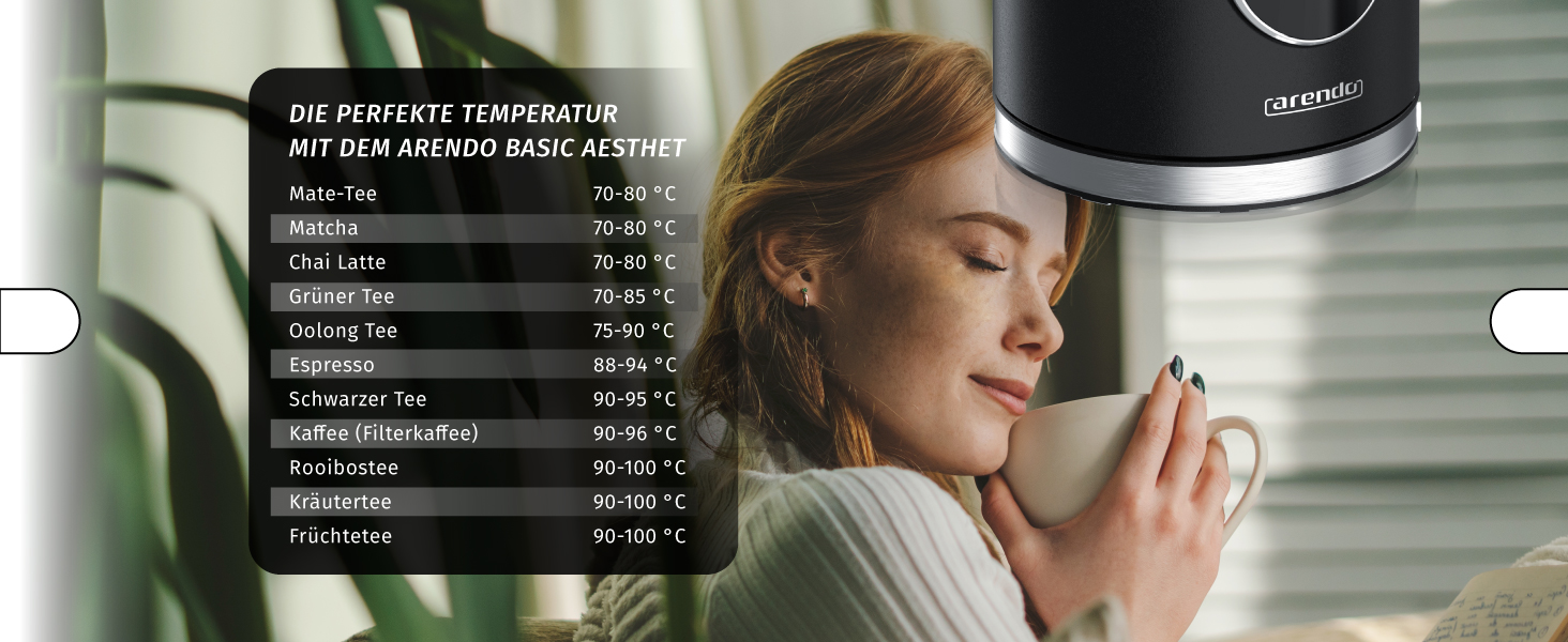 Електричний чайник Arendo з регулюванням температури, нержавіюча сталь, подвійні стінки Cool Touch, дисплей, бездротовий, 2200 Вт, 1.7л, захист від перегріву, функція підтримання тепла, чорний