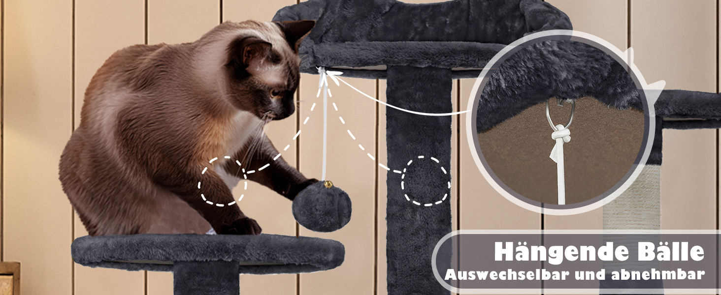 Кігтеточка-кольоротка Yaheetech 139 см, стабільна з 3 платформами, 3 стовпчиками, 2 печерами, плюшеві кульки, чорний колір