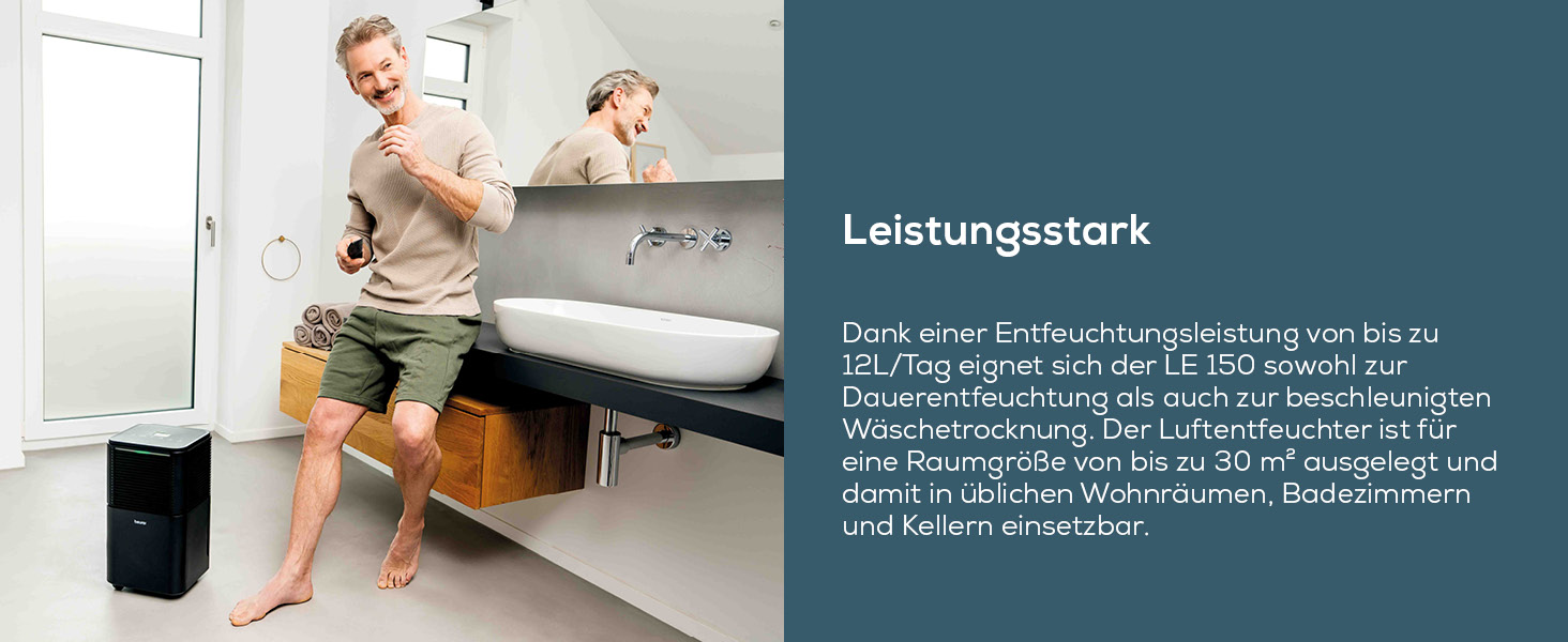Електричний осушувач повітря Beurer LE 150: 12л/24г, осушувач для кімнати з функцією сушіння білизни, тихий нічний режим, захист від плісняви та запахів, бак 2л, до 30м2
