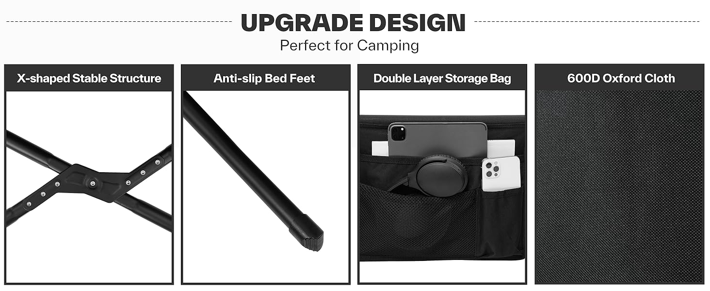 Розкладне ліжко Sportneer для кемпінгу та відпочинку на природі, 199x73 см, чорне