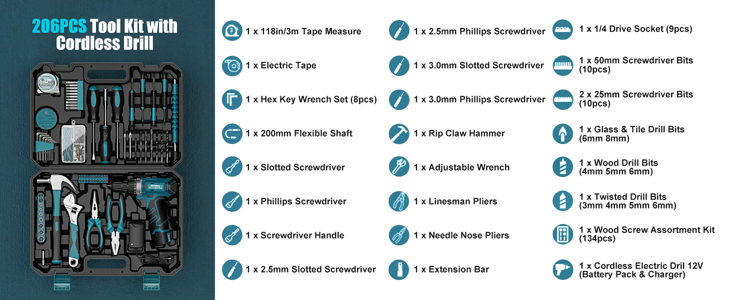Набір інструментів Sundpey 206 шт. з акумуляторною дрилю, 12V, для ремонту та DIY, блакитний