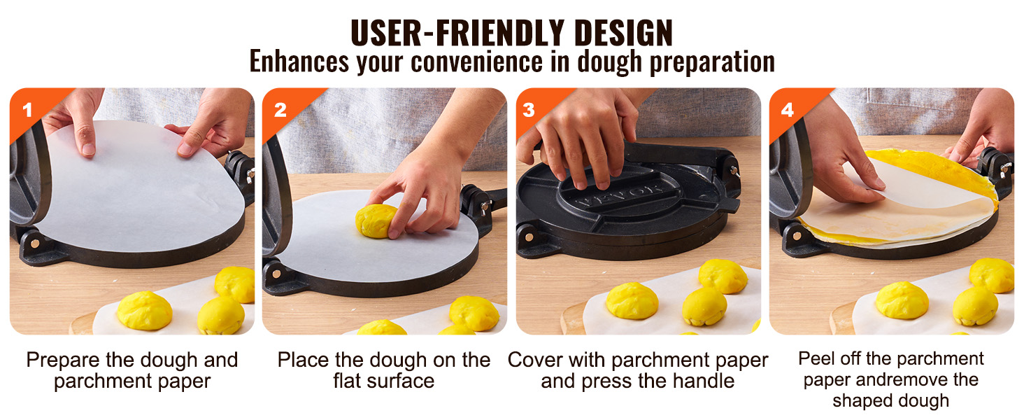 Пресс для тортилій VEVOR, 20 см, з чавуну, для приготування тако, з 100 шт. паперу для випікання, чорний