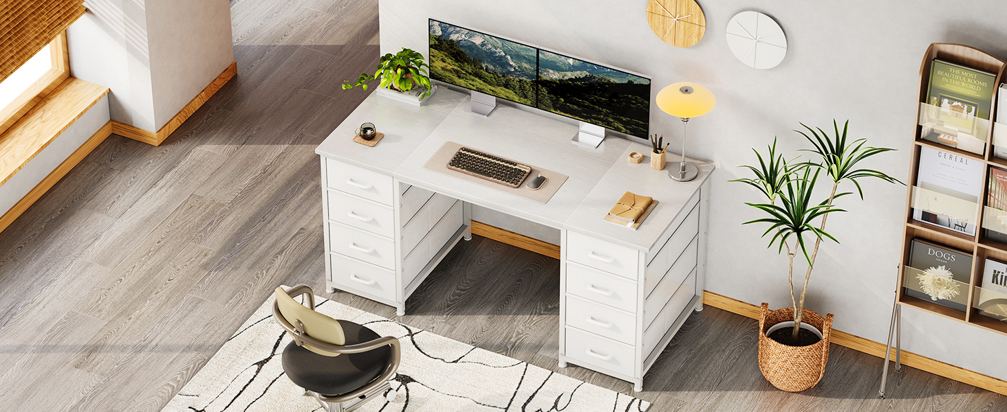 Комп'ютерний стіл Coleshome з 8 висувними ящиками з тканини, 140x48 см, білий. Зберігання, для офісу, дому, ігровий стіл.